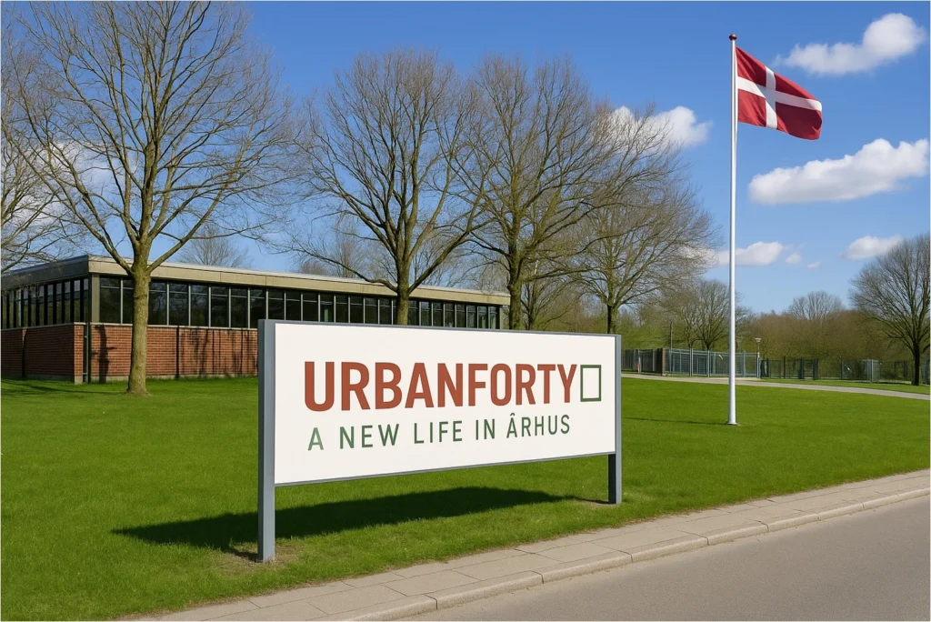 Udendørs skilt med UrbanForty-logo ved ejendommen i Brabrand, Aarhus