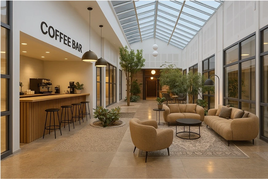 Fælles loungeområde med café og ovenlys i UrbanForty ejendomsprojekt