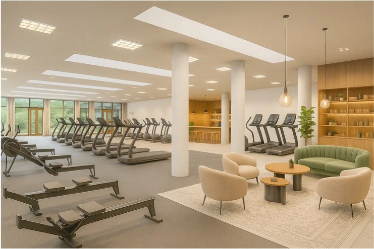 Lyst fitness- og opholdsrum med træningsudstyr og loungeområde i UrbanForty